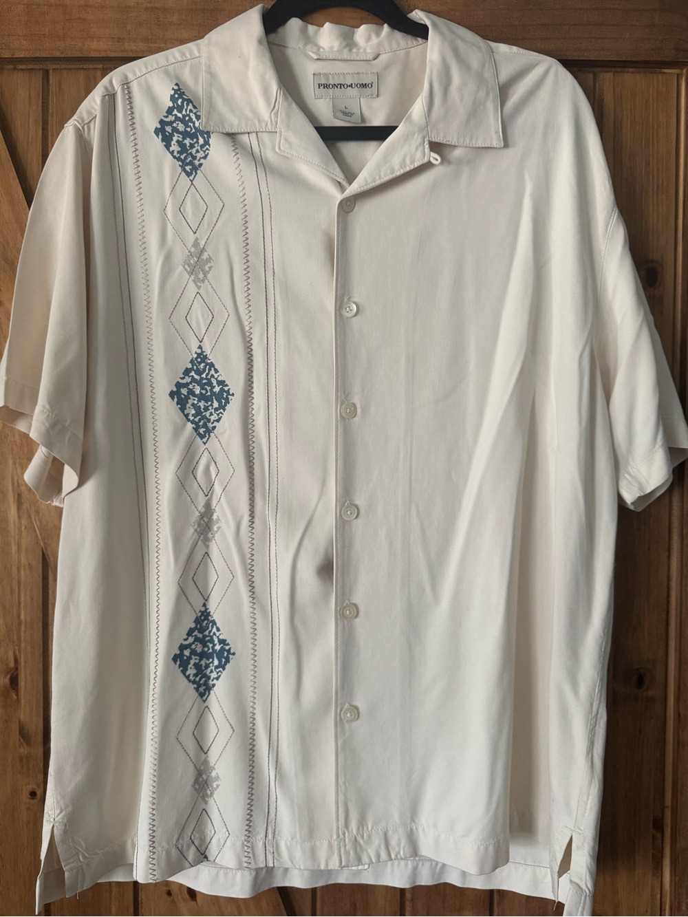 Pronto Uomo Cream Short-Sleeve Button-Down Shirt with Blue Diamond Panel